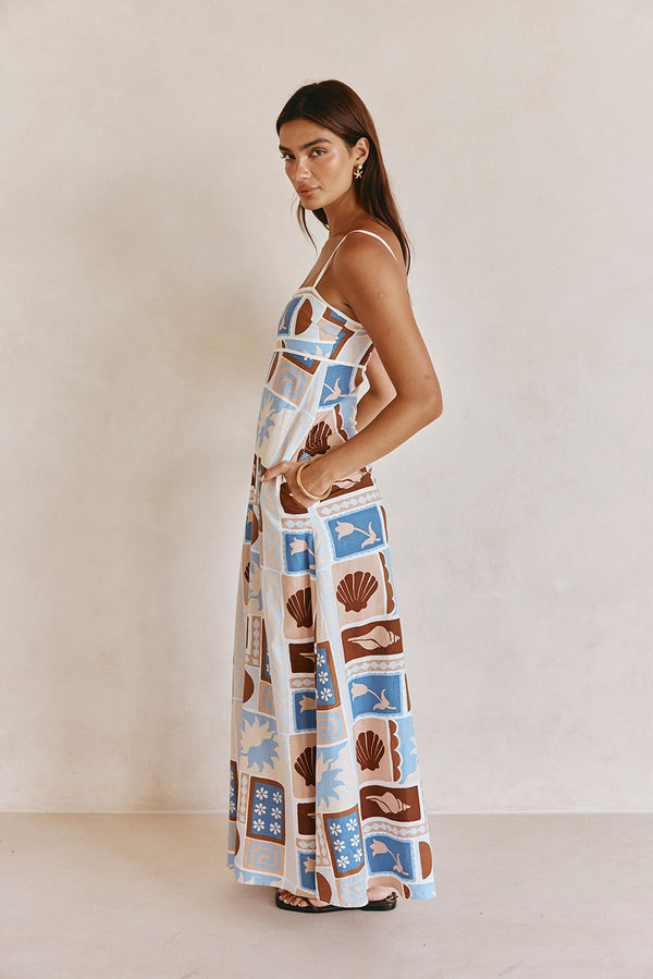 Blue Solis Print Strappy A-Line Maxi Giorgia Dress