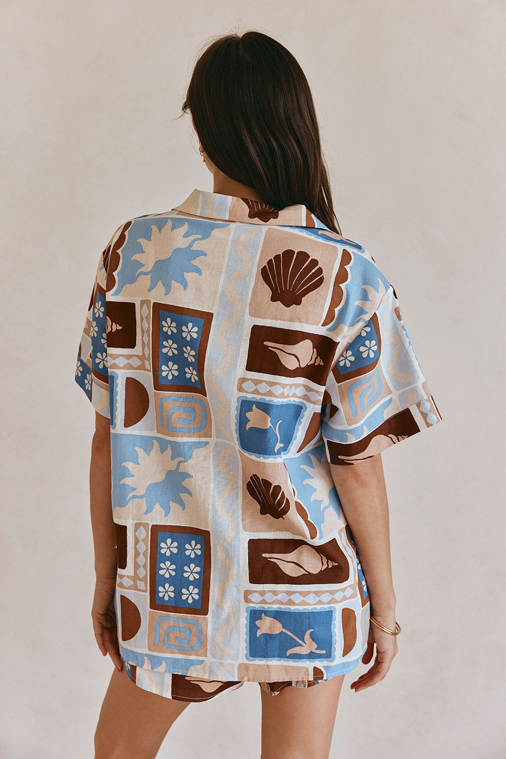 Blue Short Sleeve Button Up Collar Indra Top