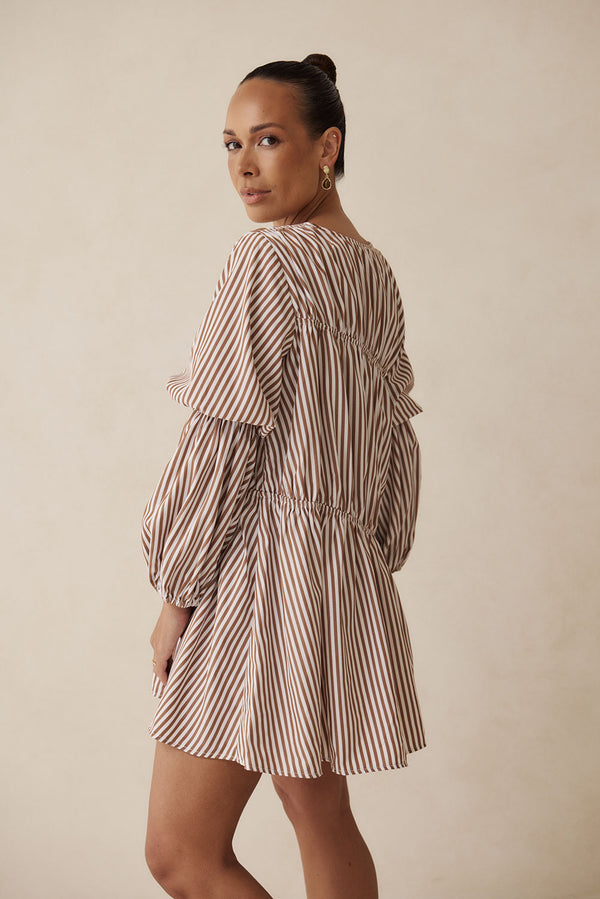 Naloo Long Sleeve Tie Mini Dress - Brown, White Stripe