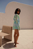 Sari Long Sleeve Tie Up Mesh Top - Verano Floral, Postcard, Blue, Green, White, Yellow