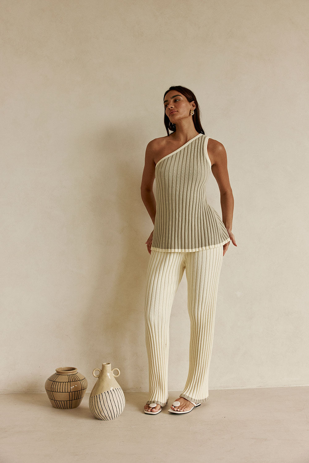 Stone Grey Ribbed Cotton One Shoulder Aylani Top