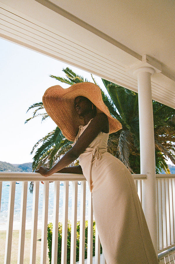 Beige Wrap Fitted Maxi Eliana Dress