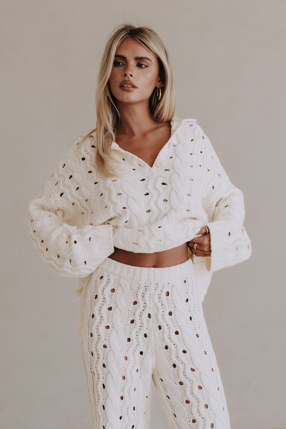 Cream Cable Knit High Waist Wide Leg Elana Pants