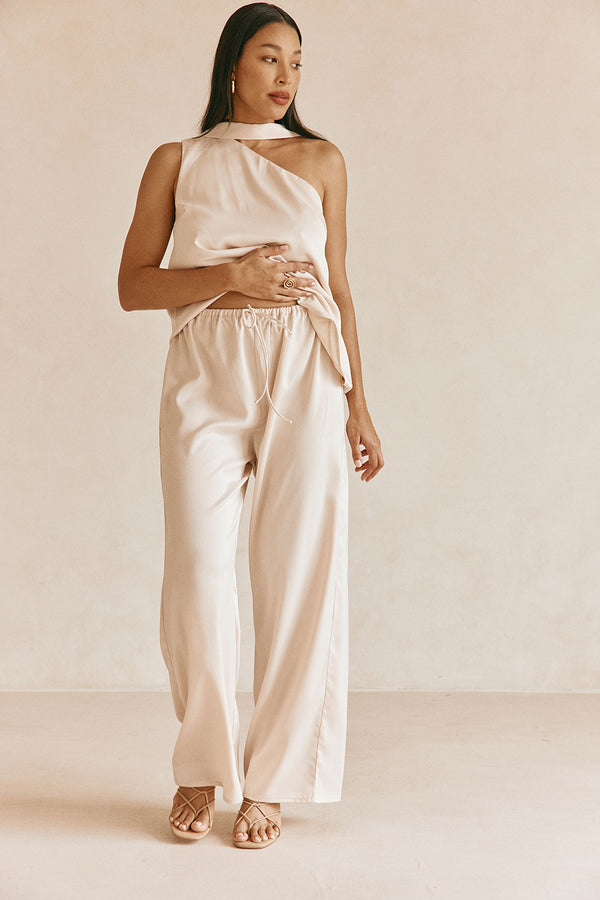 Beige Silky Elastic Drawstring Koda Pants
