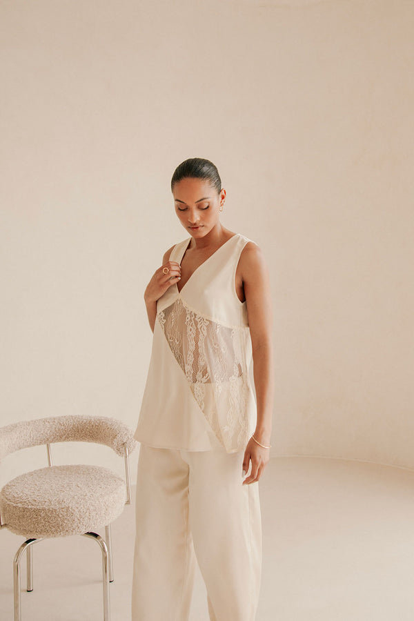 Maarten V Neckline Lace Top - Cream