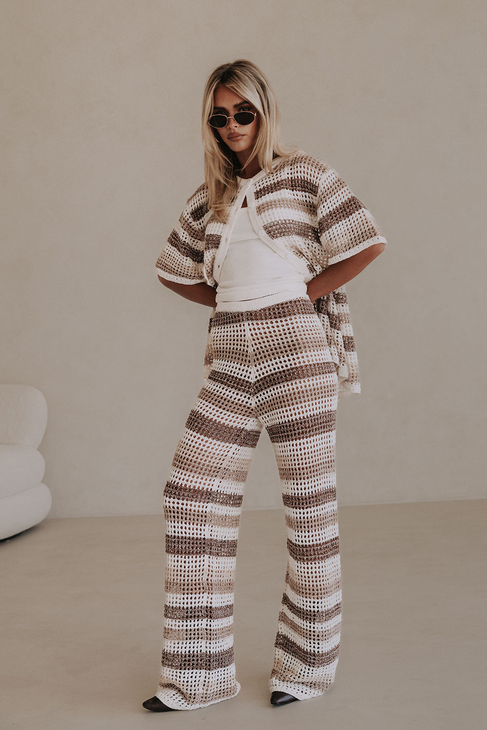 Brown and White Stripe Knit High Waist Bristol Pants