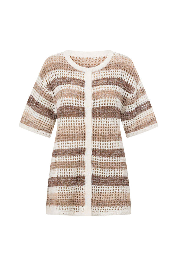 Brown and White Stripe Kint Button Up Bristol Top