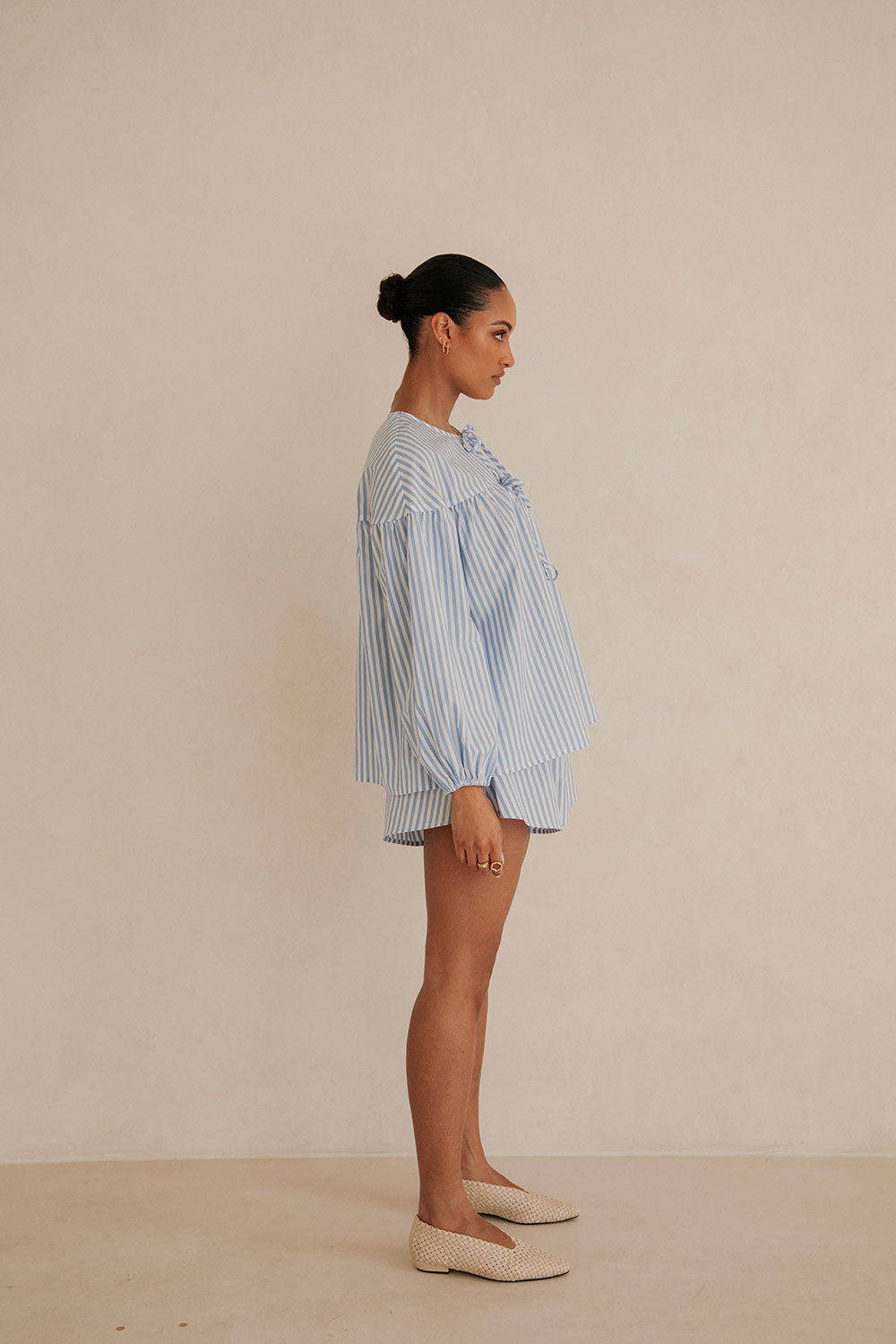 Pennie Long Sleeve Tie Top - Blue, White Stripe