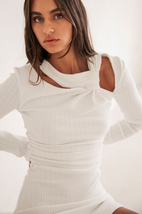 White Ribbed Long Sleeve A Line Mini Aster Dress