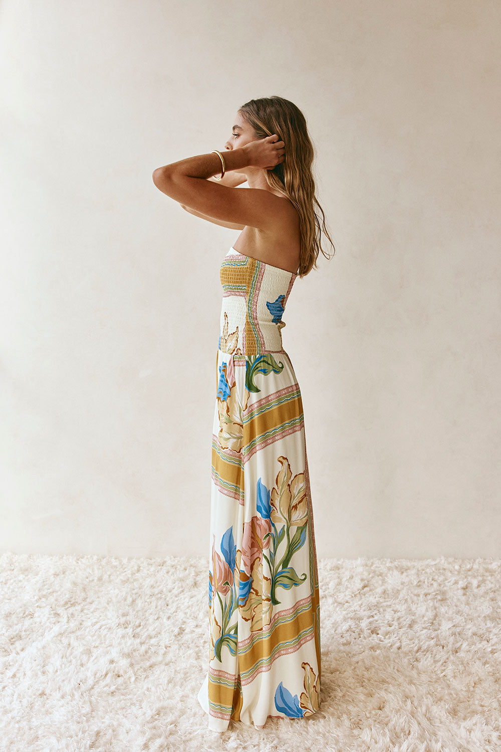 White and Yellow Botanique Strapless Maxi Fia Dress