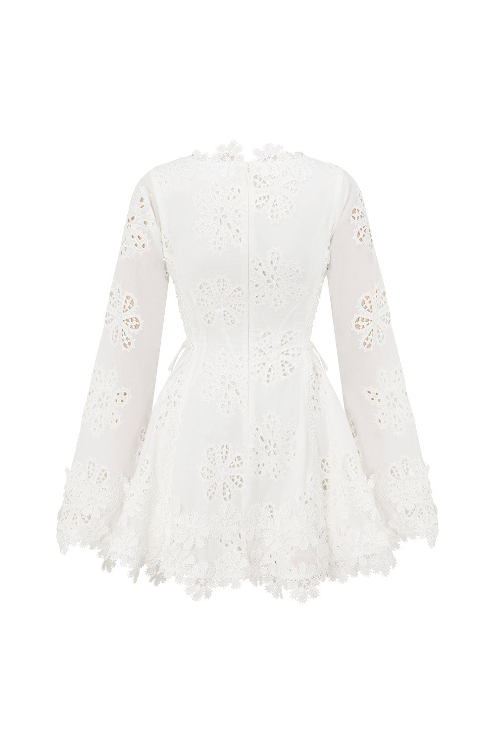 Simona Long Sleeve Embroidered Front Tie Mini Dress - Stella Marina Print - White