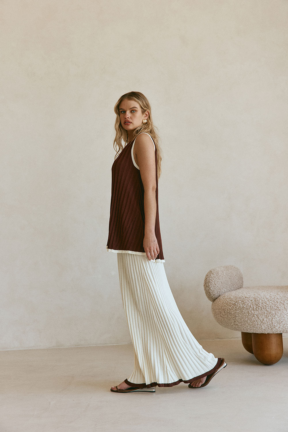 Cream Ribbed High Waist Silla Skirt