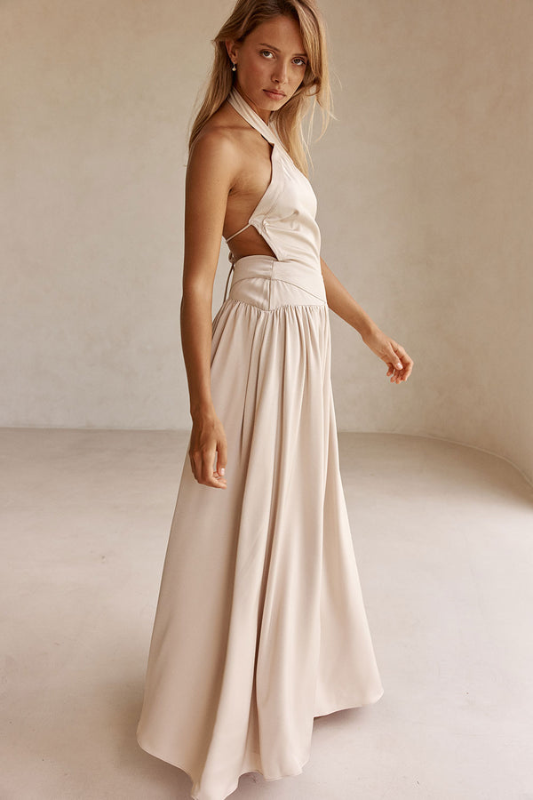 Beige Silky Halter Maxi Rani Dress