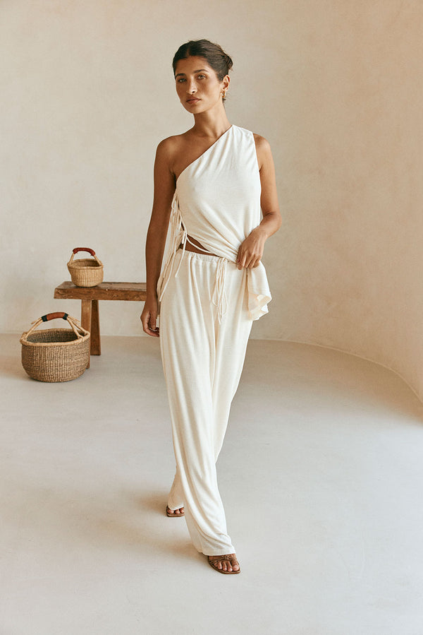 Cream High Waist Elastic Drawstring Zen Pants