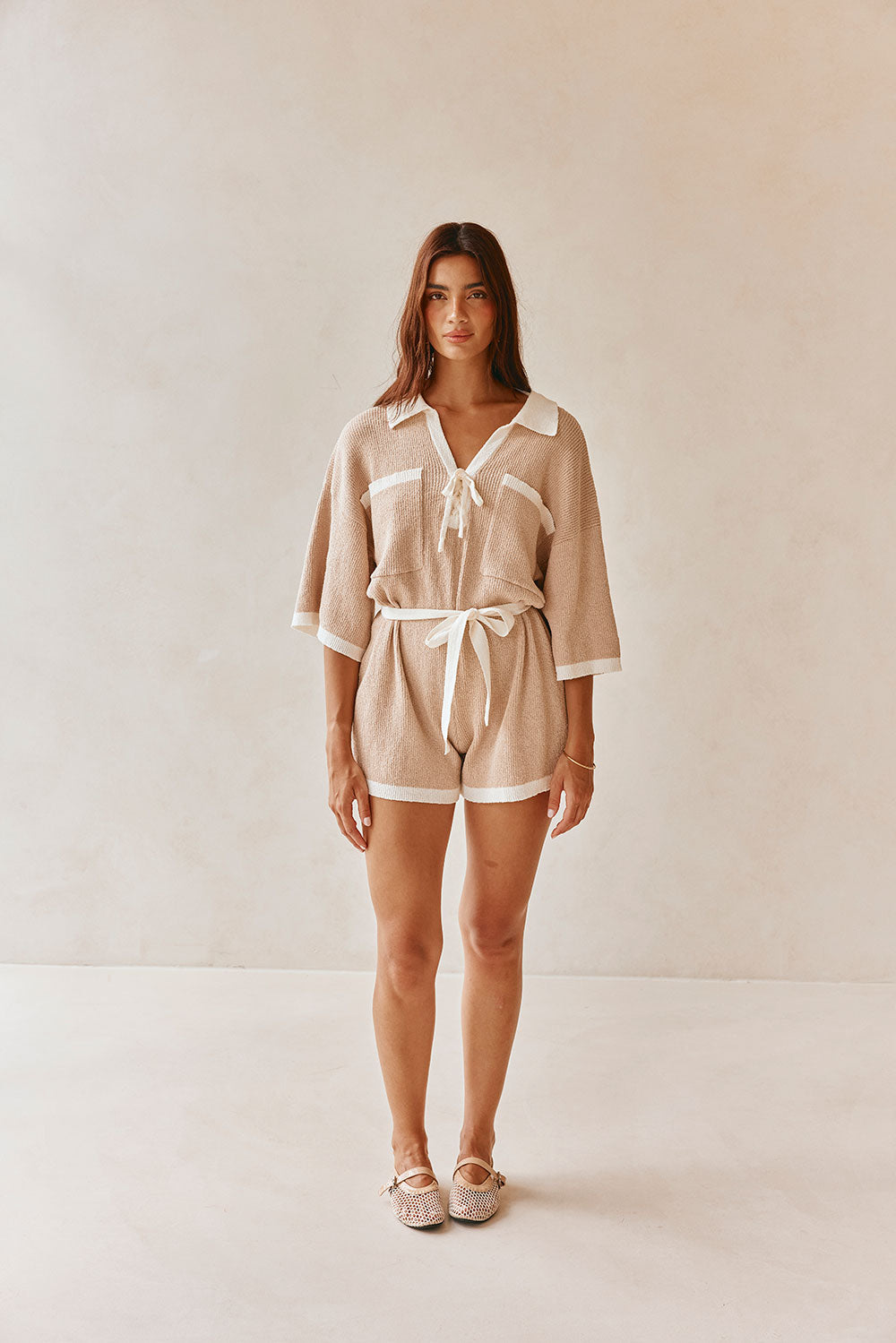 Tan Collar V Neck Tie Sammi Playsuit