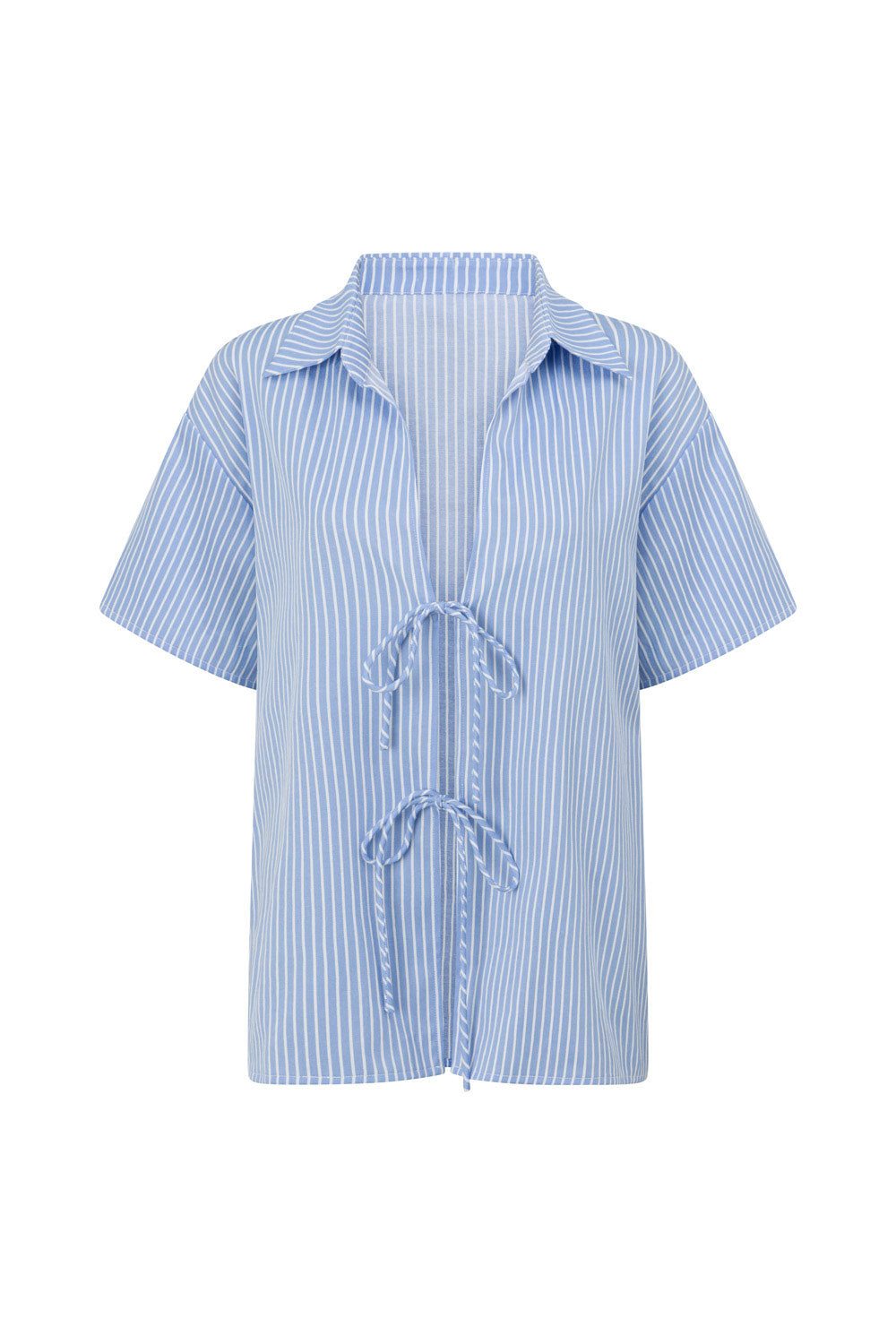 Blue Short sleeve Collar Tie Split Brielle Top