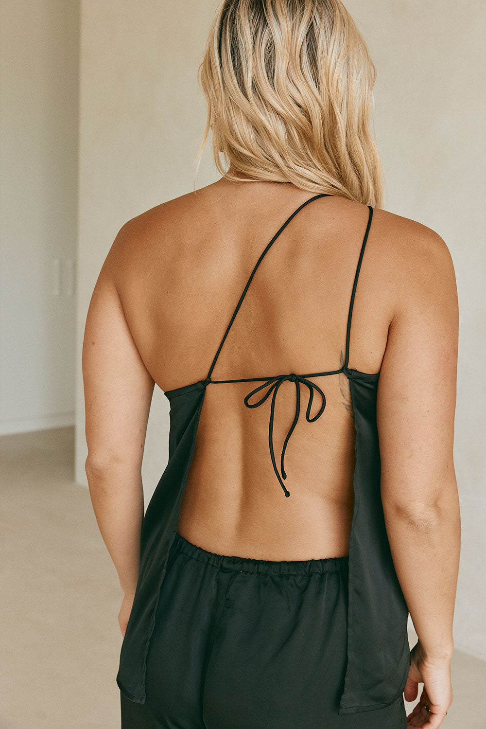 Adeline Silk One Shoulder Backless Top - Black