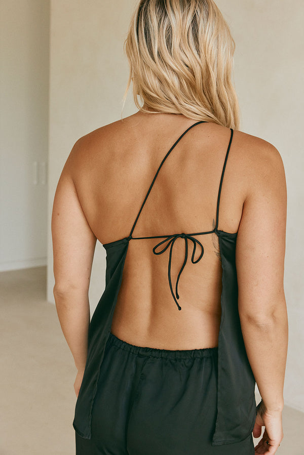 Adeline Silk One Shoulder Backless Top - Black