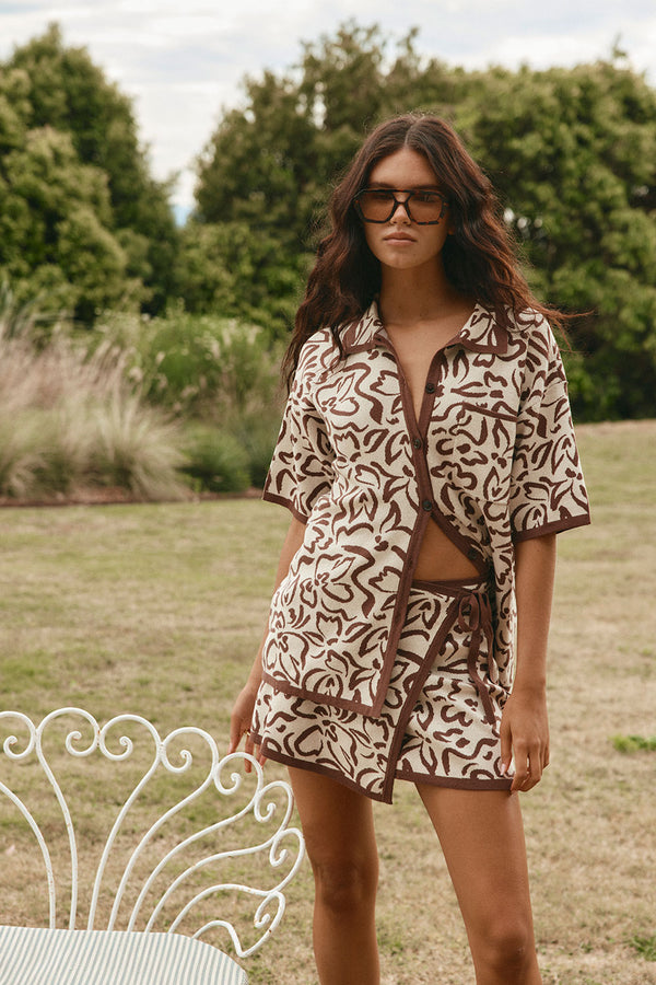 Cream And Brown Floral Wrap Mini Sarai Skirt