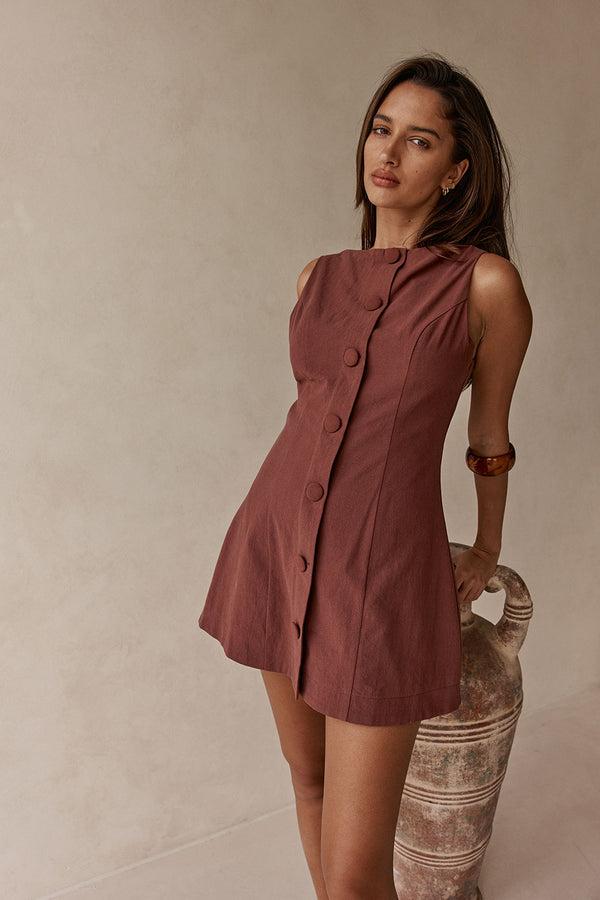 Chocolate Brown Button Flared Mini Graylee Dress