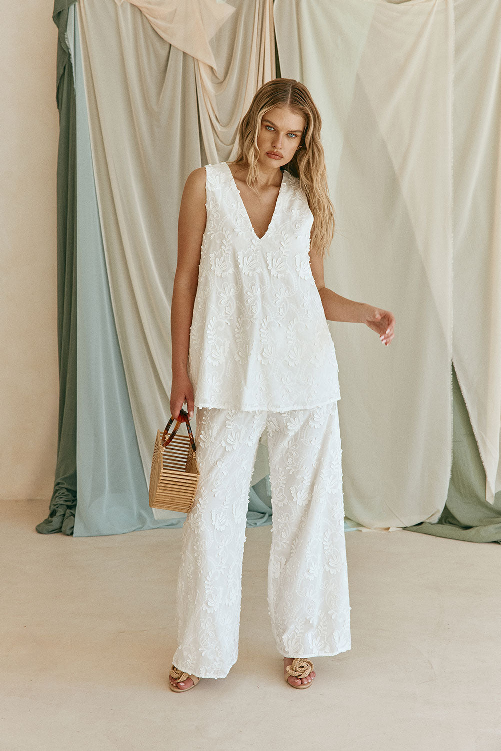 White Leafy Motif V Neck Cambria Top