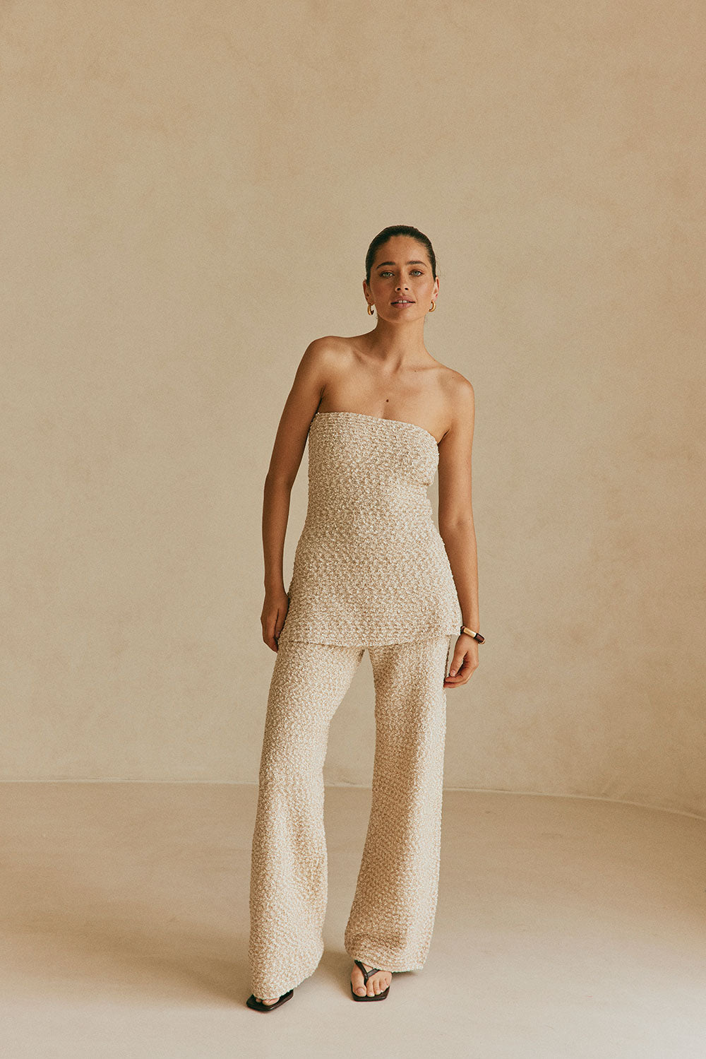 Brown and White Knit Strapless Backless Soha Top