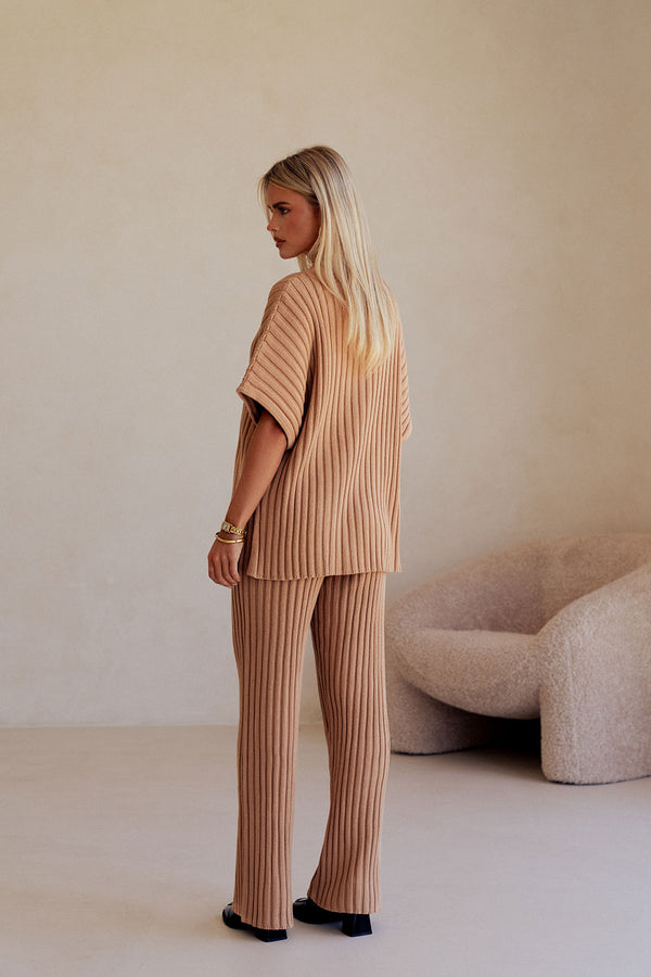 Apricot Ribbed Knit High Waist Celine Pants