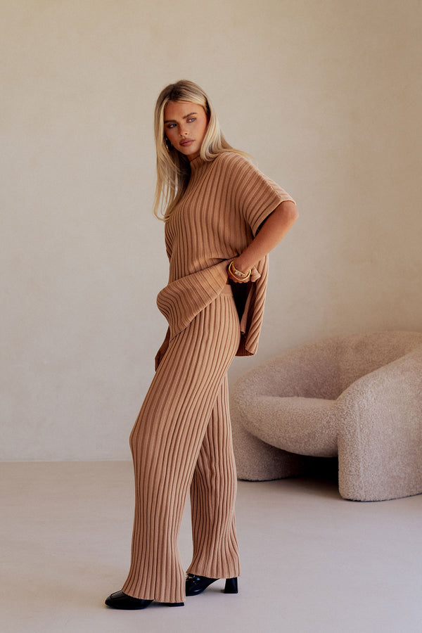 Apricot Ribbed Knit High Waist Celine Pants