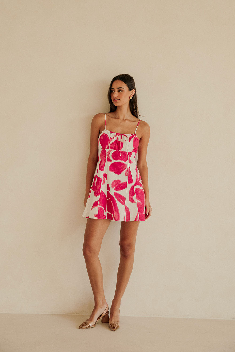 Tiana Thin Strap Mini Dress - Pink, White Ada Floral Print