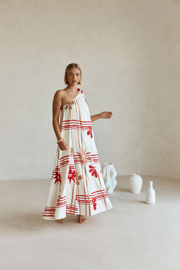 Cream Moana Red Print One Shoulder Maxi Avani Dress