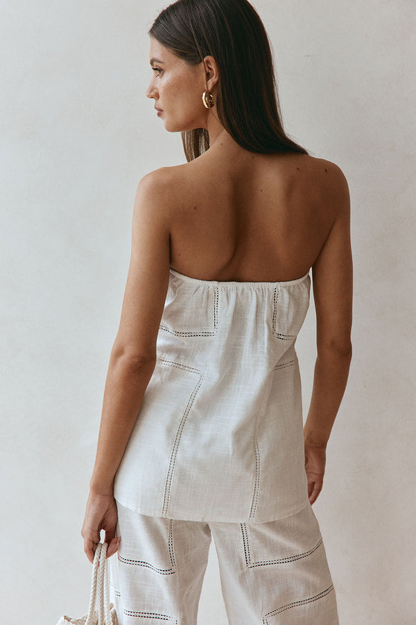 White Cheesecloth Strapless Flouncy Carissa Top