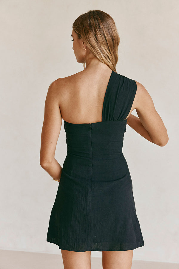 Black One Shoulder Cutout Mini Knot Dimmi Dress