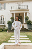 White Crochet Knit High Waist Elastic Cierra Pants