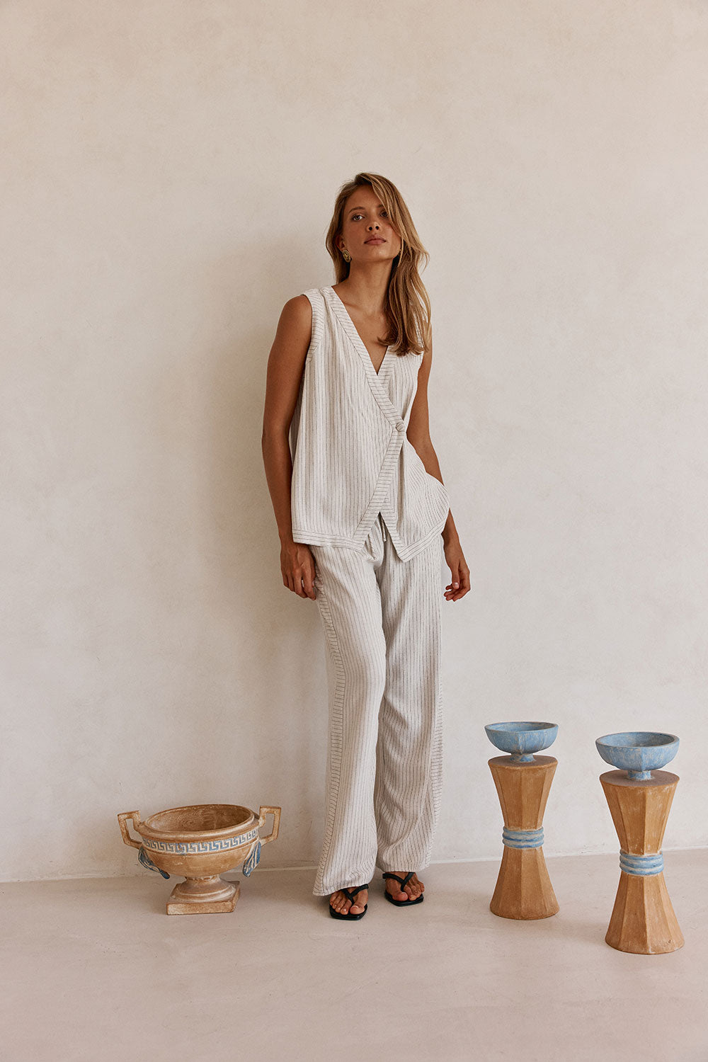 Cream and Black Pinstripe Drawstring Capri Pants