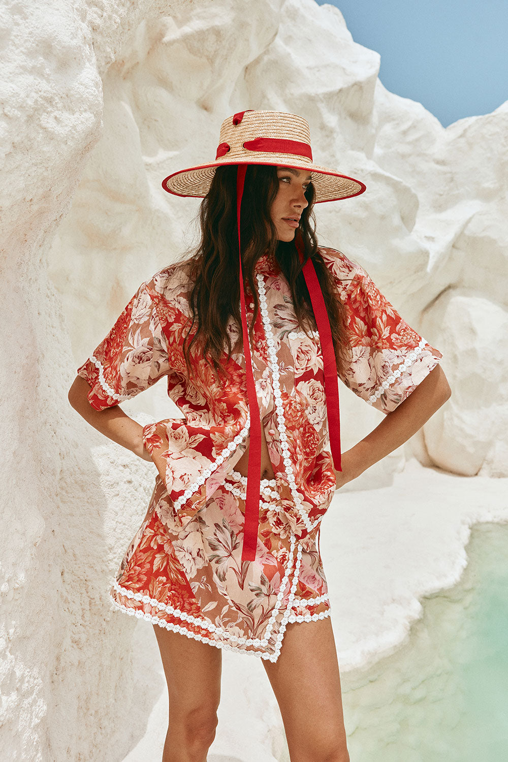 Red Floral Solafleur Print Button Up La Dolce Vita Shirt