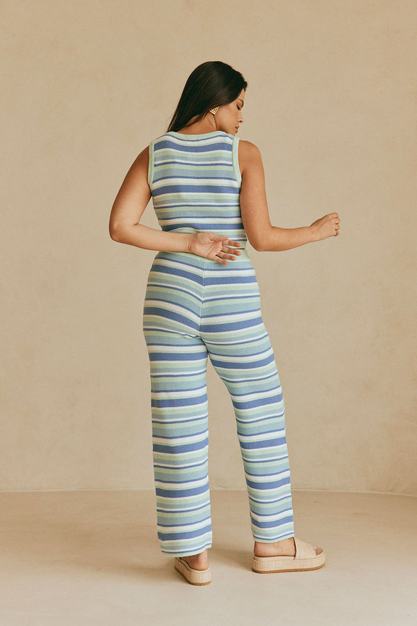 Aero Button Up Knit Stripe Top - Blue, White & Green
