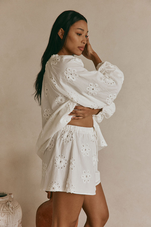 White Broderie Elastic Drawstring Aveline Shorts