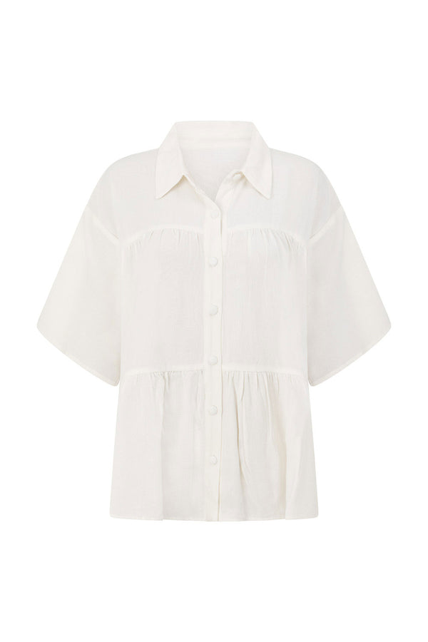 White Short Sleeve Button Up Collar Luna Top