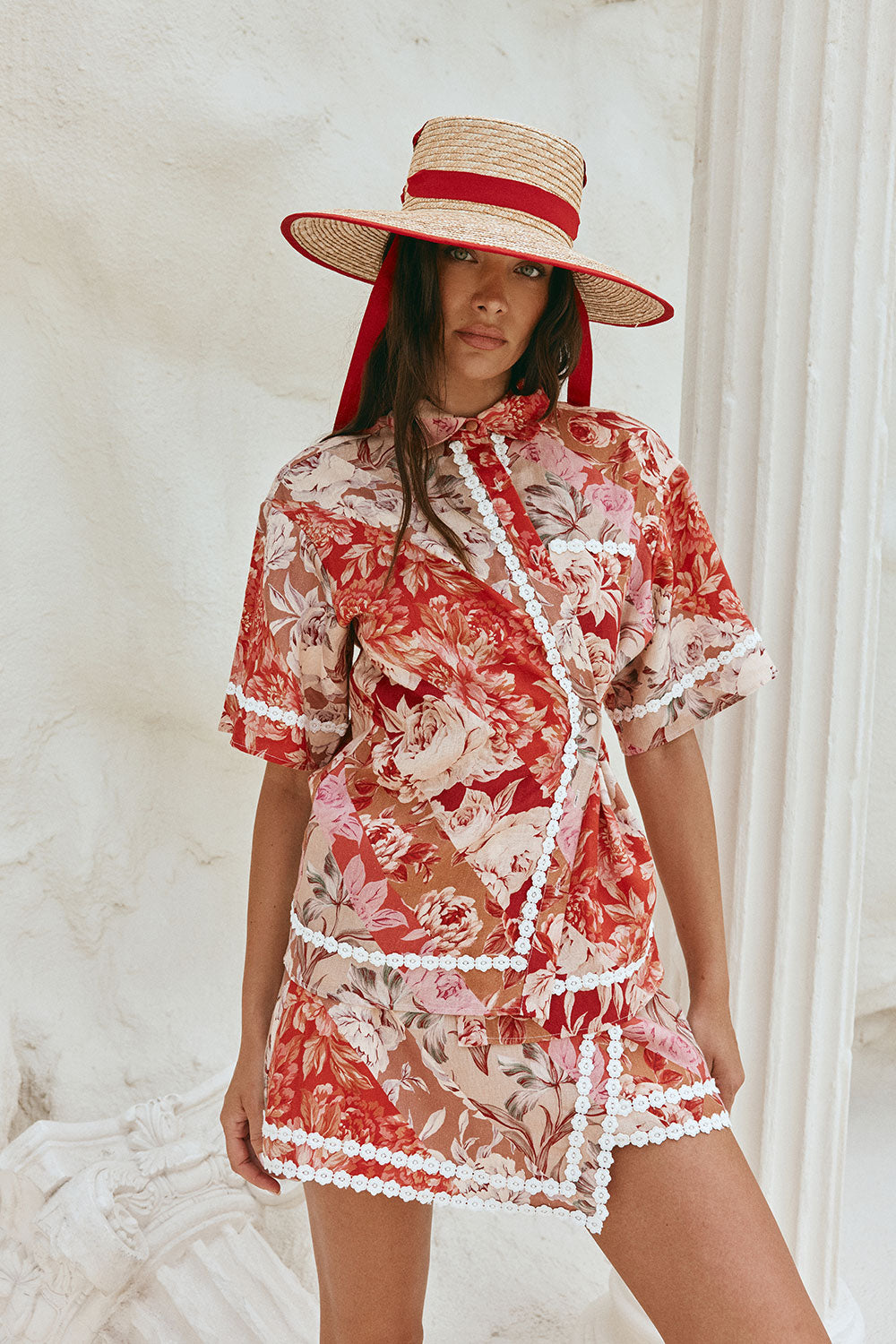 Red Floral Solafleur Print Wrap La Dolce Vita Skirt