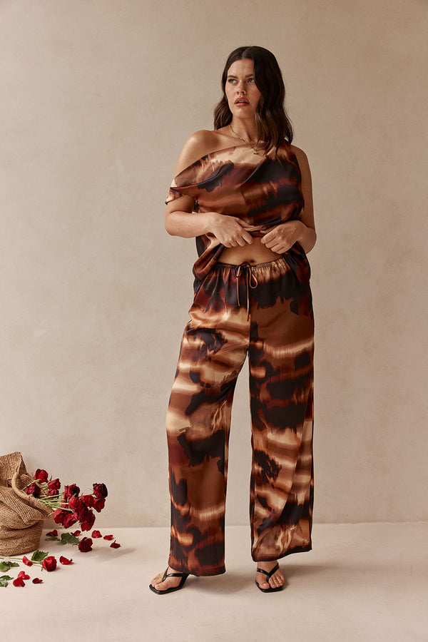 Brown Mirage Bloom Print Satin Elastic Drawstring Fabi Pants