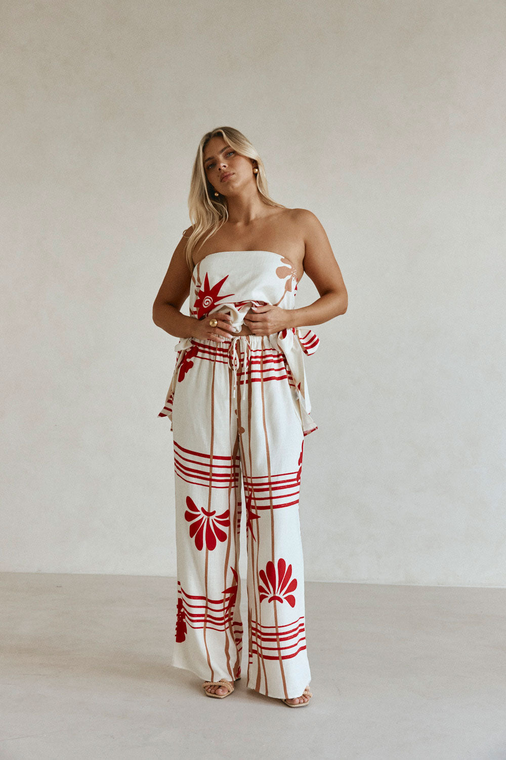 Cream Moana Red Print Elastic Drawstring Aspyn Pants