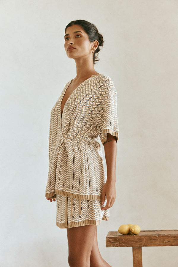 Tan Short Sleeve Button Reims Top