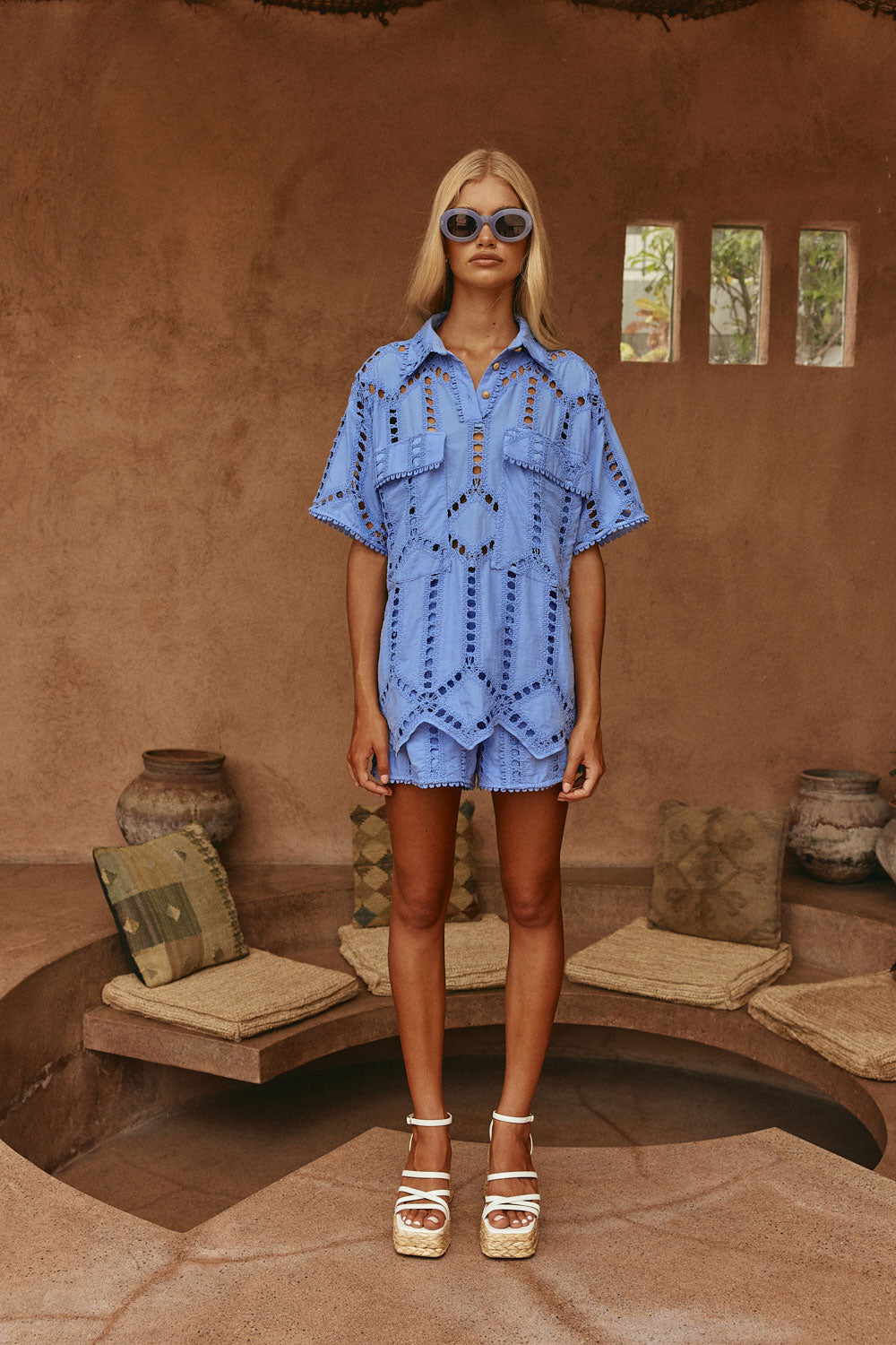 Blue Cotton Cutwork Button Up Alyce Shirt