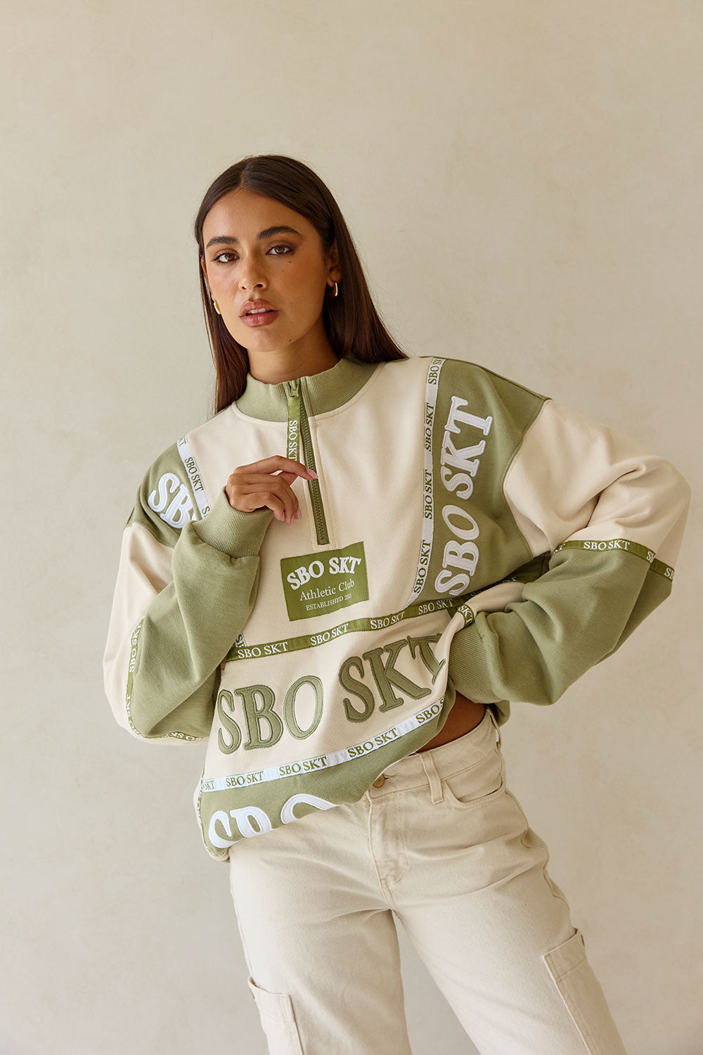 Berlin Vintage Oversized Sweater - Terry Green, Cream, White