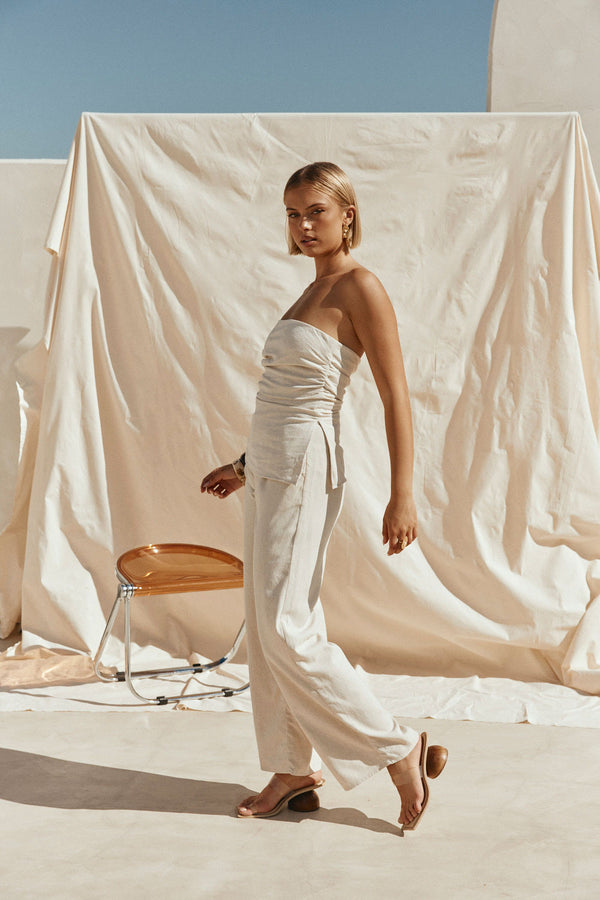 Beige Linen Blend Strapless Gathered Isa Top