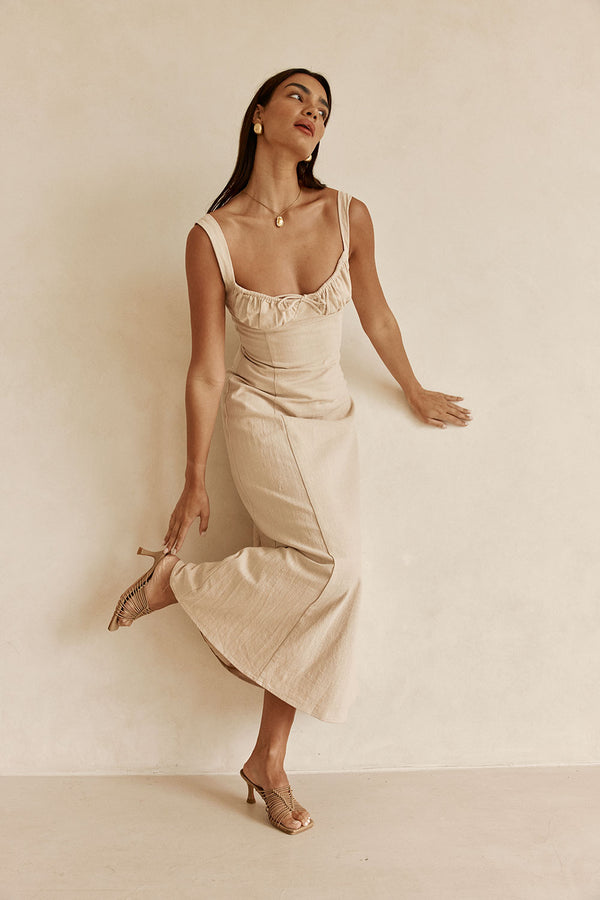 Beige Milkmaid A-Line Maxi Arlette Dress