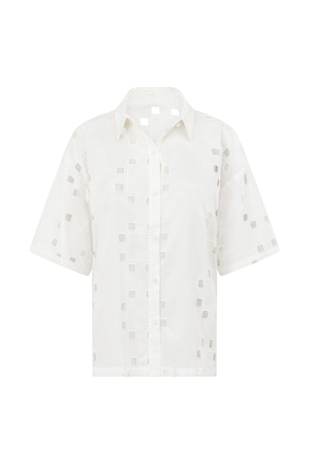 Ellakai Button Up Short Sleeve Cutout Top - Cutwork Print - White