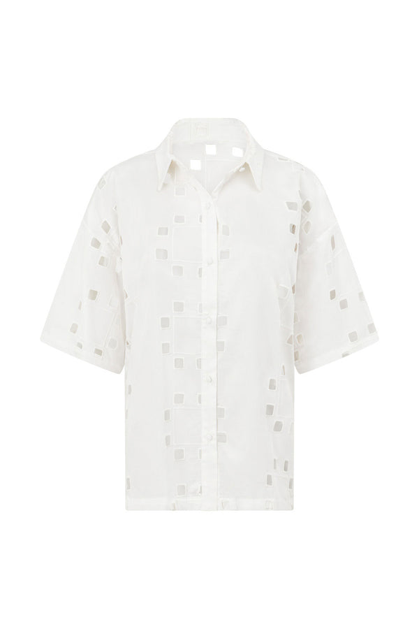 Ellakai Button Up Short Sleeve Cutout Top - Cutwork Print - White