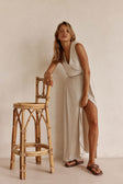 Beige and Black Pinstripe V Neck Maxi Cipriana Dress