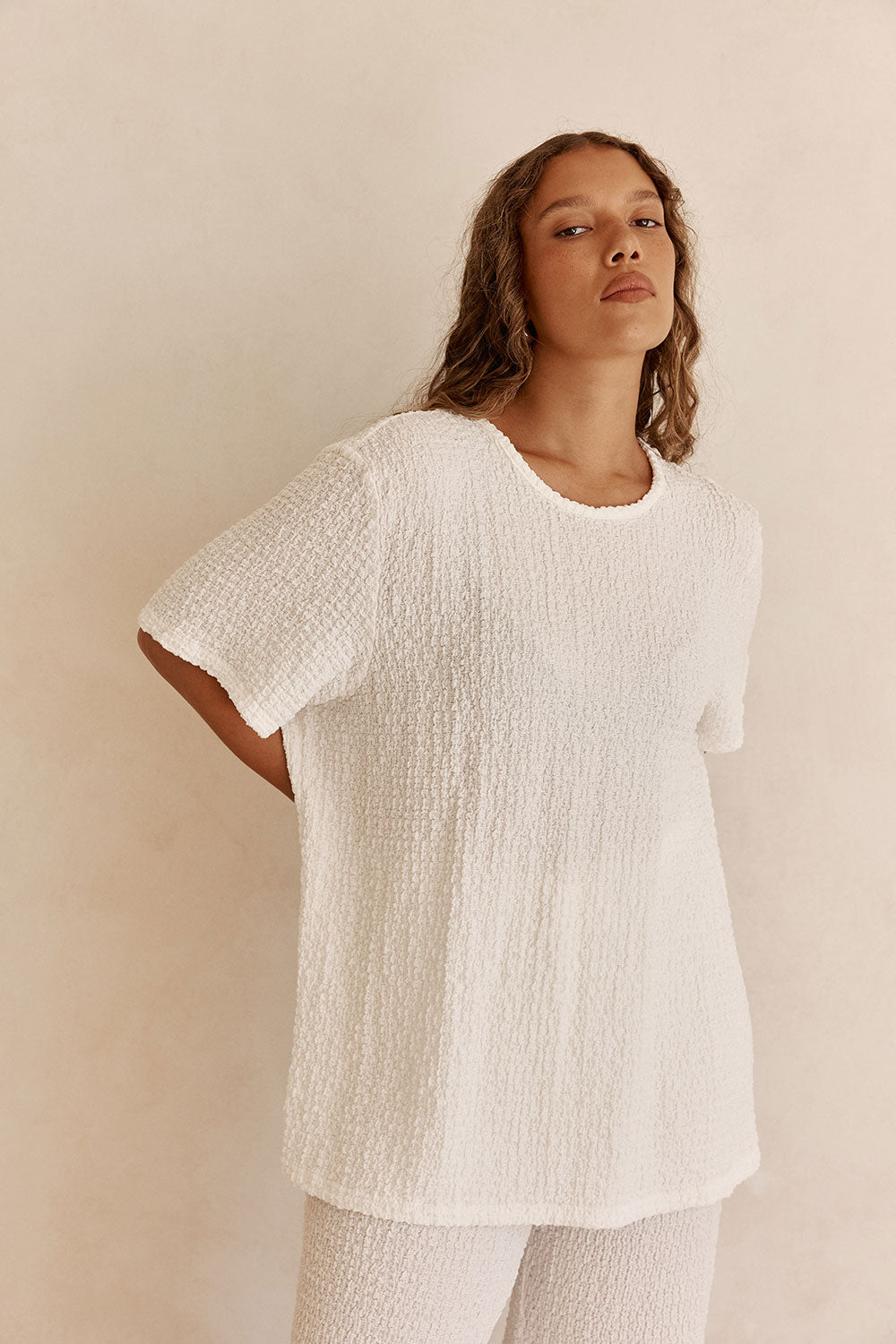 White Textured Boxy Adora T Shirt Top